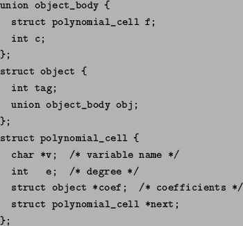 \begin{figure}\par
\begin{verbatim}union object_body {
struct polynomial_cell...
...oefficients */
struct polynomial_cell *next;
};\end{verbatim}
\par
\end{figure}